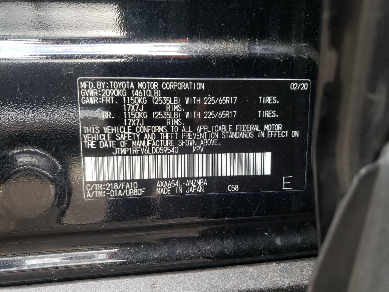 Photo 10 from auction – 2020 TOYOTA RAV4 XLE with VIN JTMP1RFV6LD059540