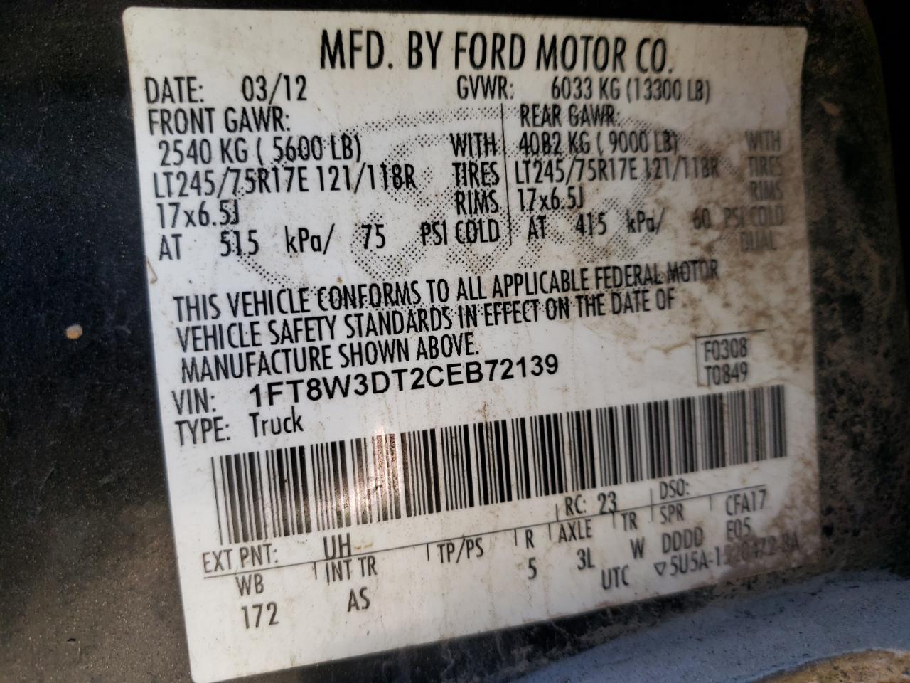 Photo 10 from auction – 2012 FORD F350 SUPER with VIN 1FT8W3DT2CEB72139