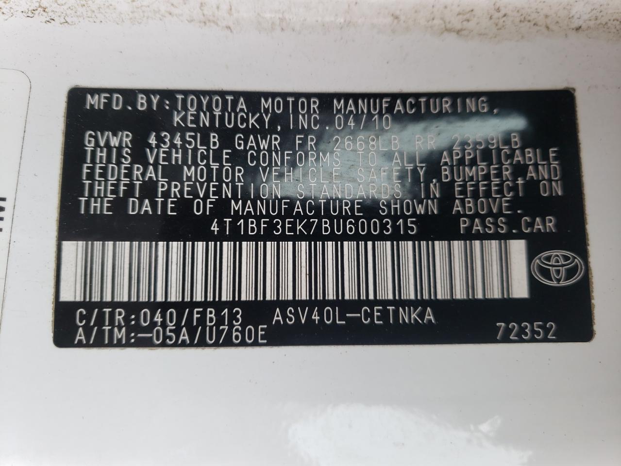 Photo 10 from auction – 2011 TOYOTA CAMRY BASE with VIN 4T1BF3EK7BU600315