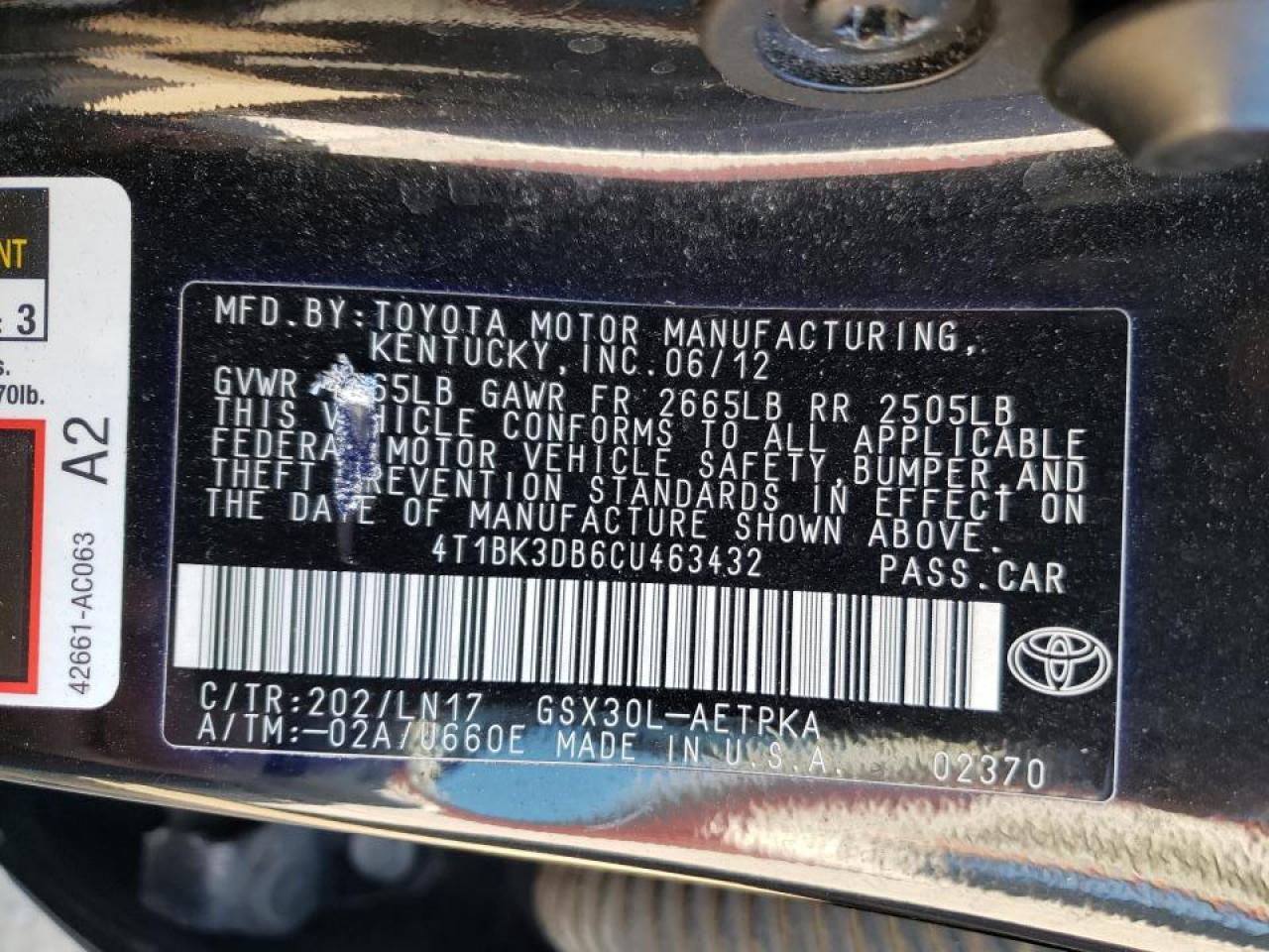Photo 10 from auction – 2012 TOYOTA AVALON BAS with VIN 4T1BK3DB6CU463432