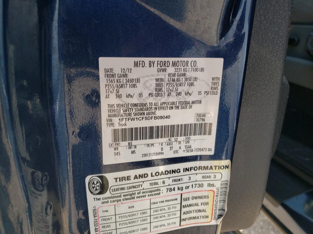 Photo 10 from auction – 2013 FORD F150 SUPER with VIN 1FTFW1CF5DFB09040