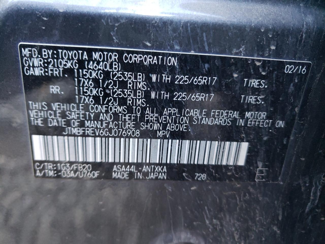 Photo 10 from auction – 2016 TOYOTA RAV4 LE with VIN JTMBFREV6GJ076908
