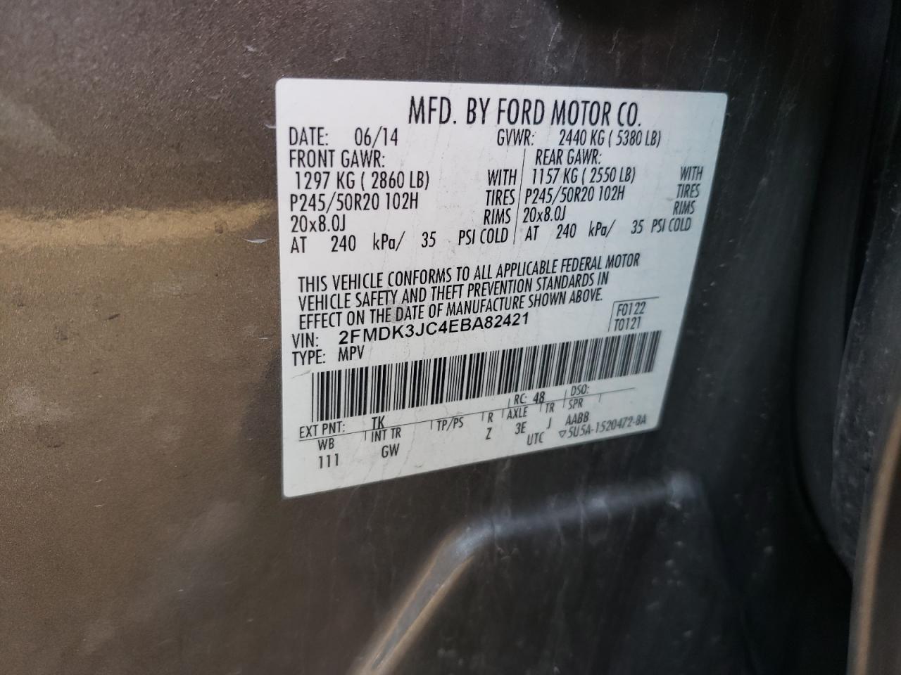 Photo 10 from auction – 2014 FORD EDGE SEL with VIN 2FMDK3JC4EBA82421