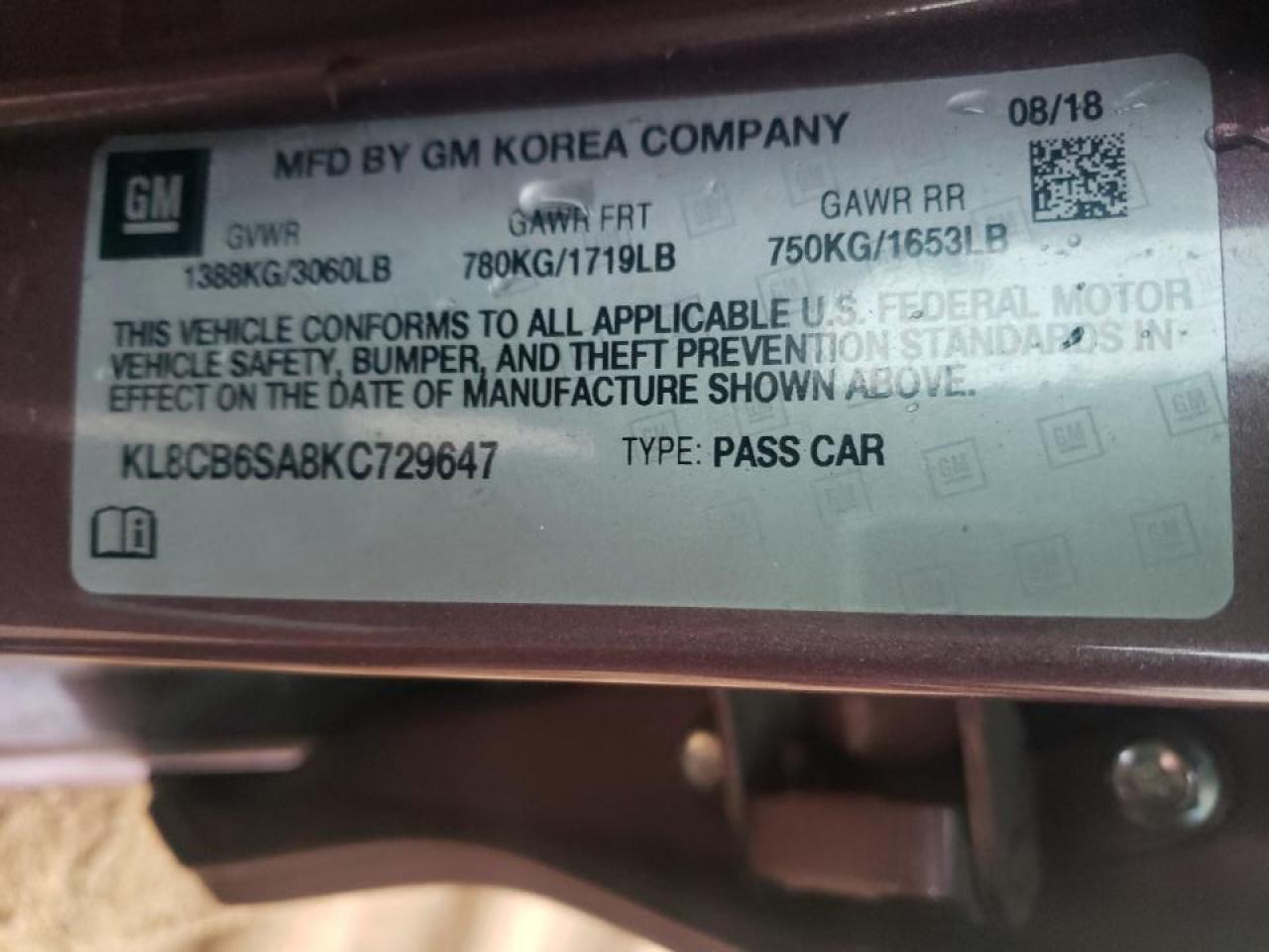 Photo 10 from auction – 2019 CHEVROLET SPARK LS with VIN KL8CB6SA8KC729647