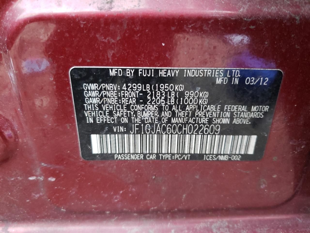 Photo 10 from auction – 2012 SUBARU IMPREZA PR with VIN JF1GJAC60CH022609