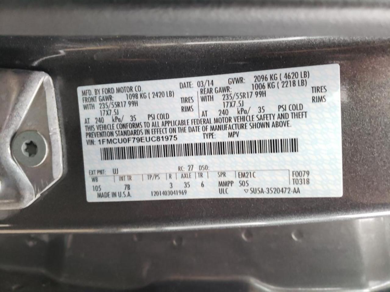 Photo 10 from auction – 2014 FORD ESCAPE S with VIN 1FMCU0F79EUC81975