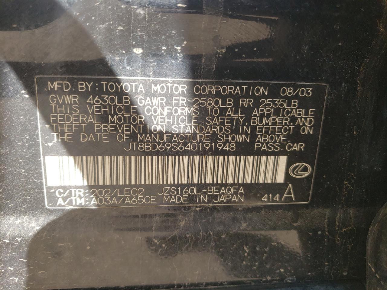 Foto 10 de la subasta – 2004 LEXUS GS 300 con VIN JT8BD69S640191948