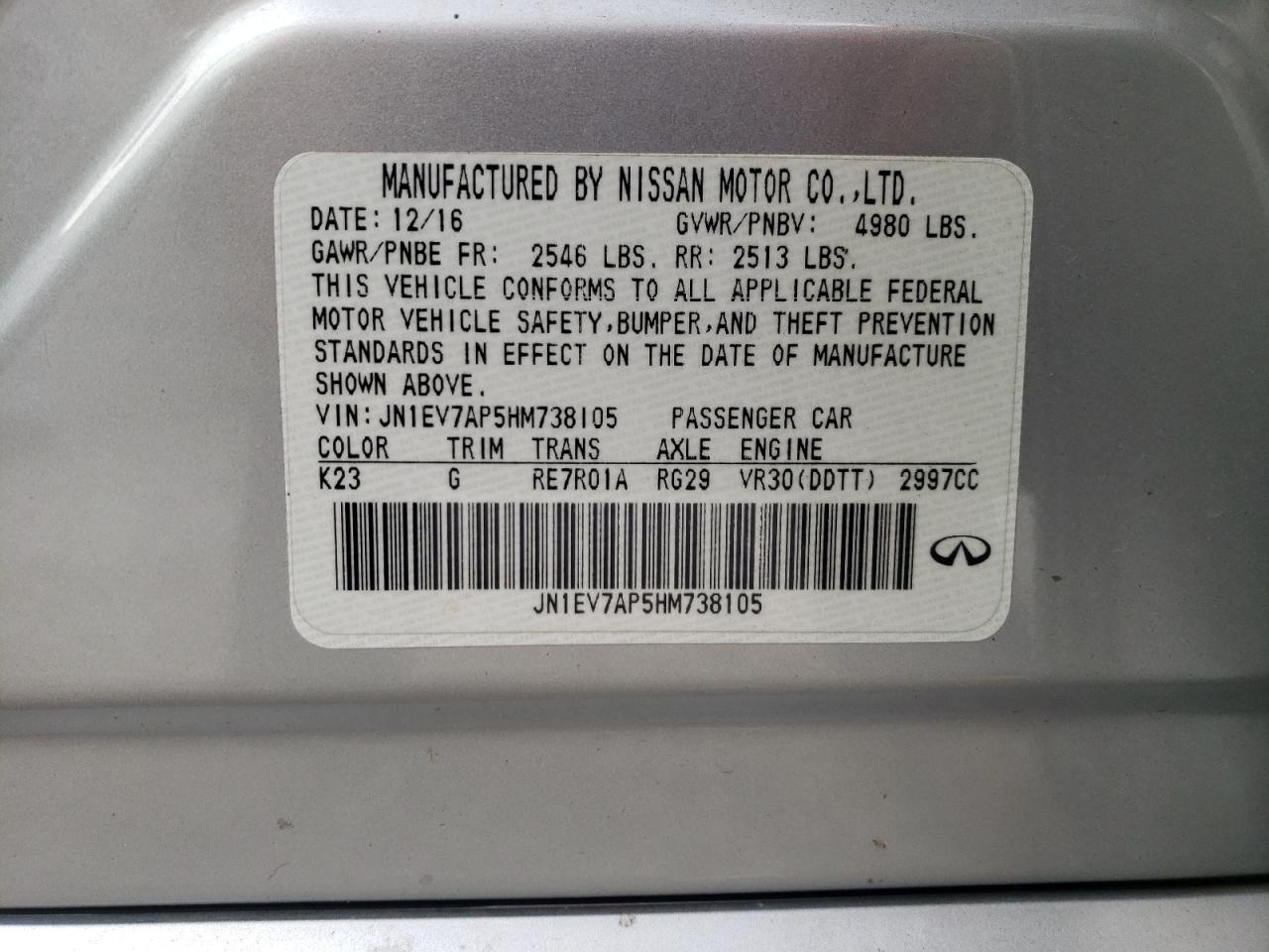 Photo 10 from auction – 2017 INFINITI Q50 PREMIU with VIN JN1EV7AP5HM738105
