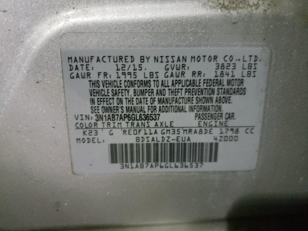 Photo 10 from auction – 2016 NISSAN SENTRA S with VIN 3N1AB7AP6GL636537