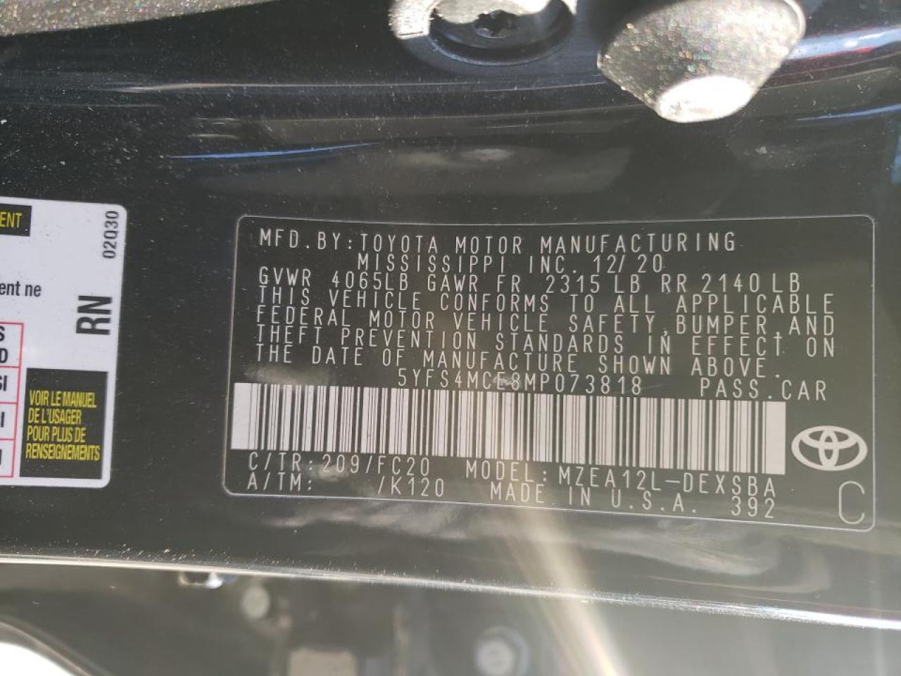 Photo 10 from auction – 2021 TOYOTA COROLLA SE with VIN 5YFS4MCE8MP073818
