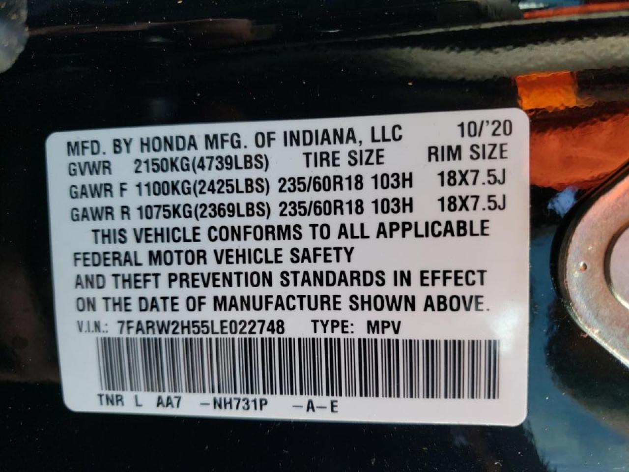 Photo 10 from auction – 2020 HONDA CR-V EX with VIN 7FARW2H55LE022748