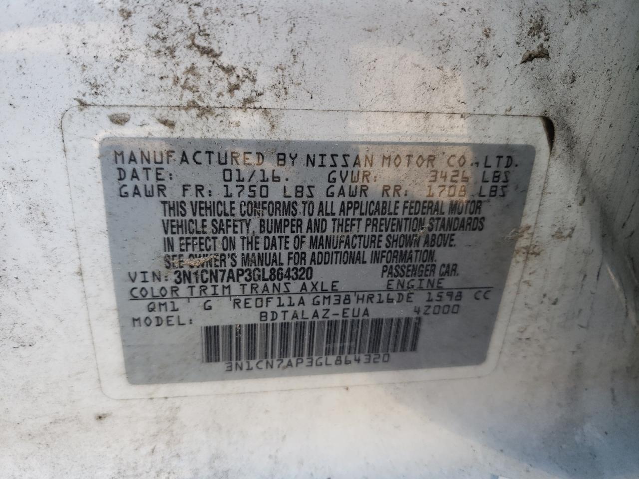 Photo 10 from auction – 2016 NISSAN VERSA S with VIN 3N1CN7AP3GL864320