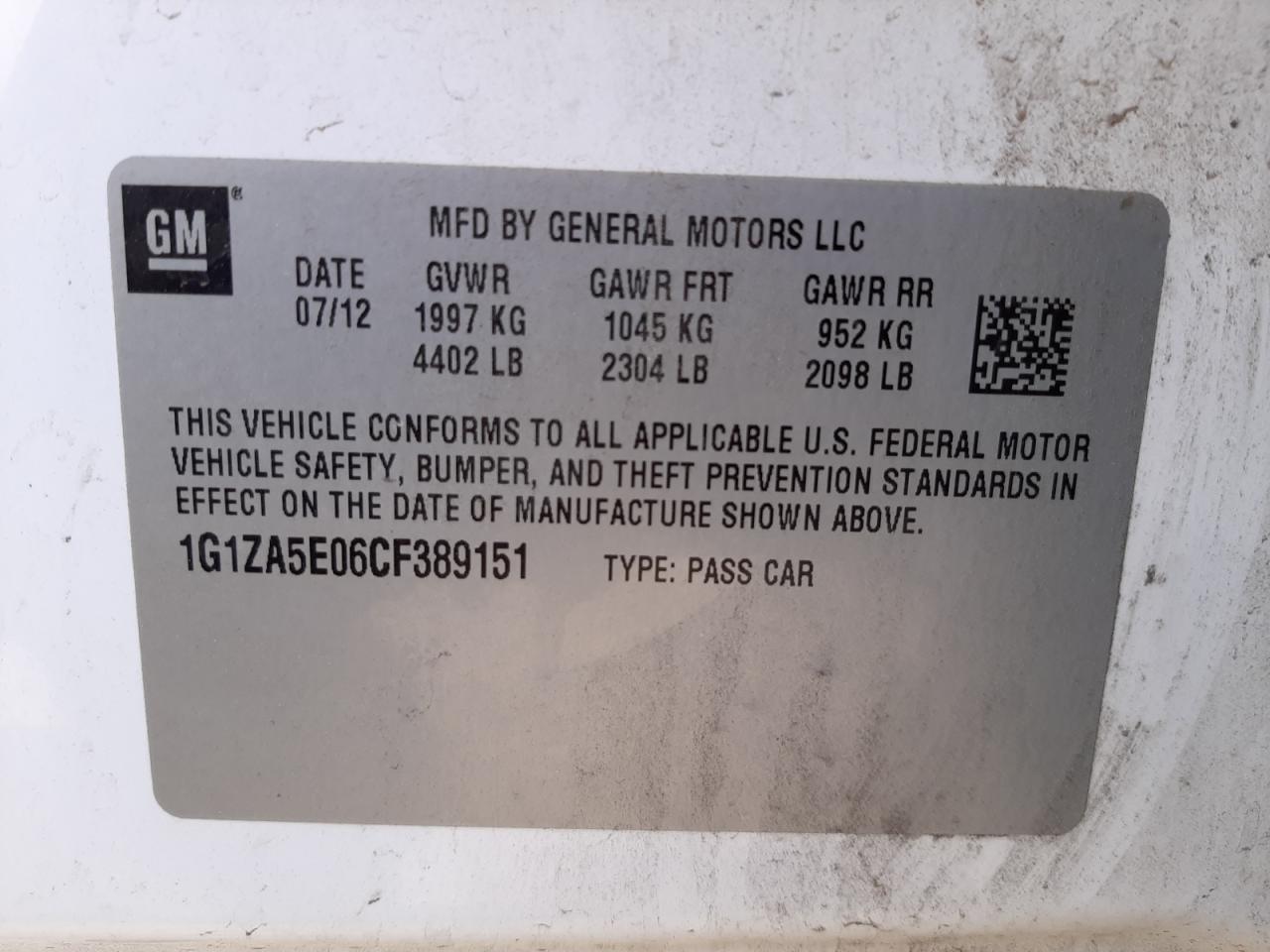 Photo 10 from auction – 2012 CHEVROLET MALIBU LS with VIN 1G1ZA5E06CF389151