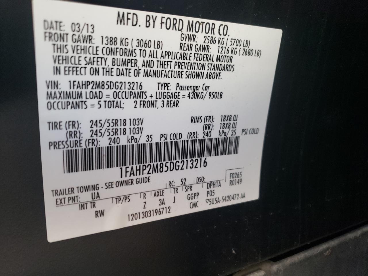 Photo 10 from auction – 2013 FORD TAURUS POL with VIN 1FAHP2M85DG213216