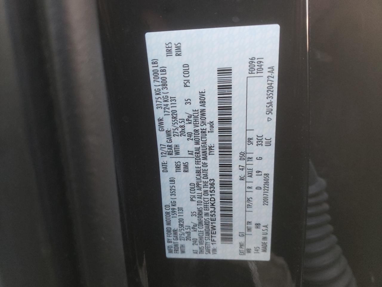 Photo 10 from auction – 2018 FORD F150 SUPER with VIN 1FTEW1E53JKD15363