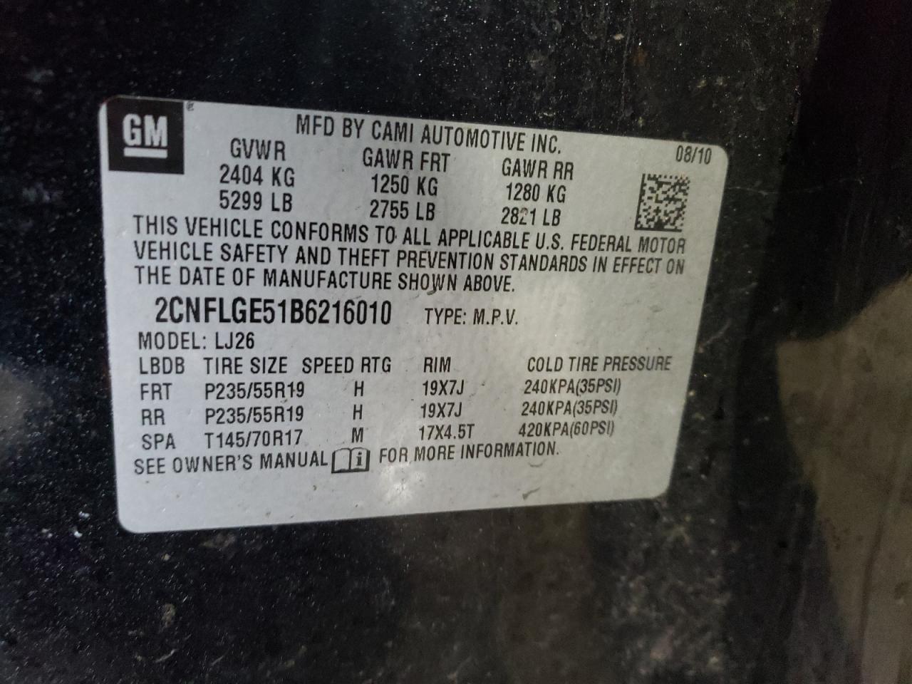 Photo 10 from auction – 2011 CHEVROLET EQUINOX LT with VIN 2CNFLGE51B6216010