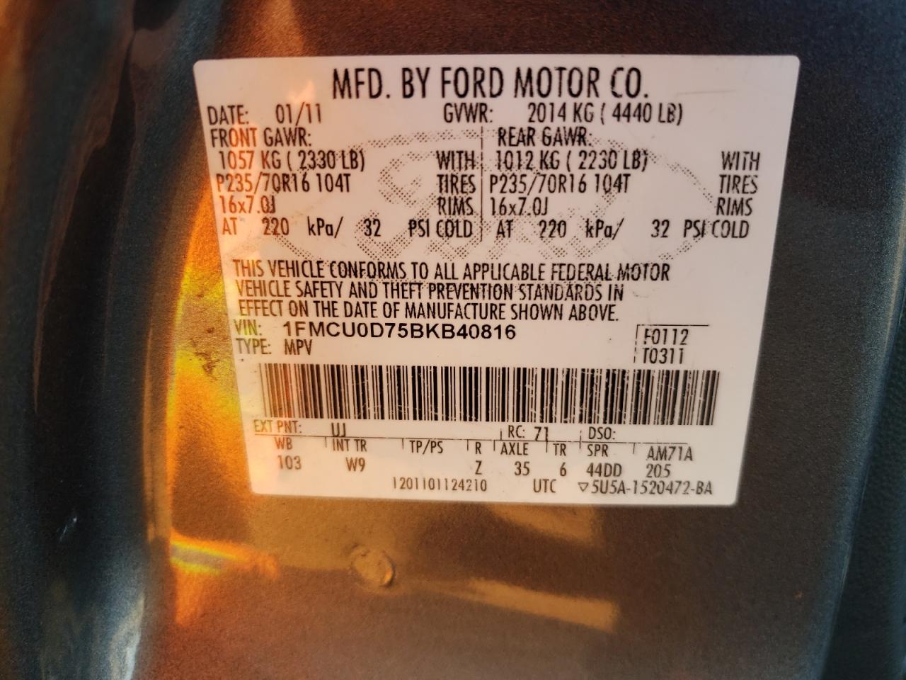 Photo 10 from auction – 2011 FORD ESCAPE XLT with VIN 1FMCU0D75BKB40816