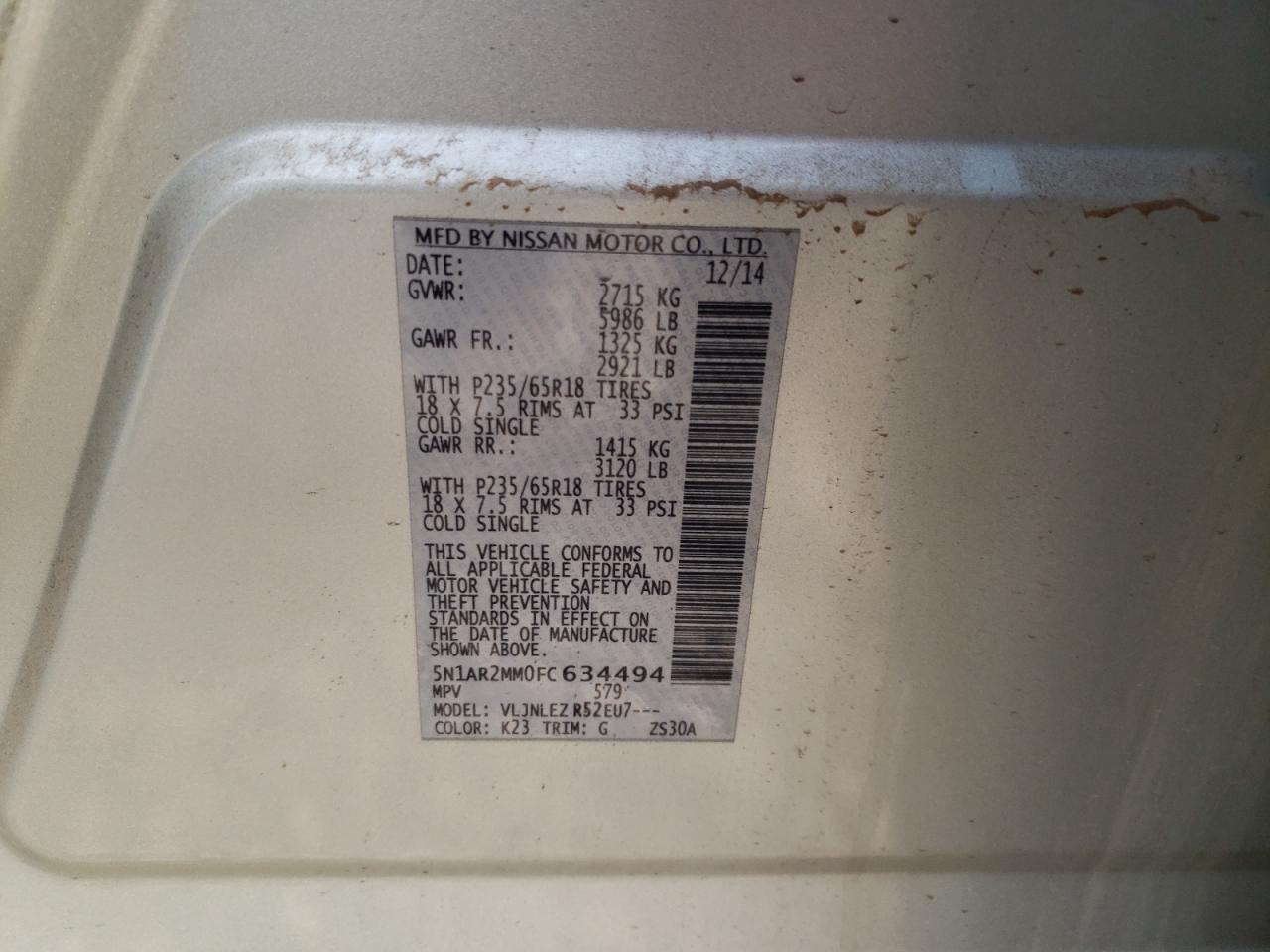 Photo 10 from auction – 2015 NISSAN PATHFINDER with VIN 5N1AR2MM0FC634494