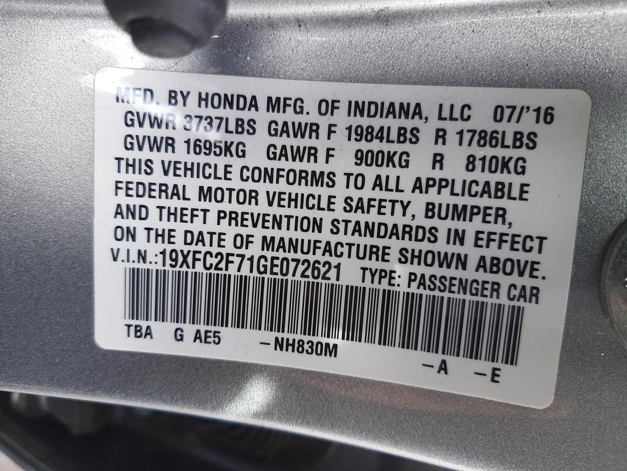 Photo 10 from auction – 2016 HONDA CIVIC EX with VIN 19XFC2F71GE072621