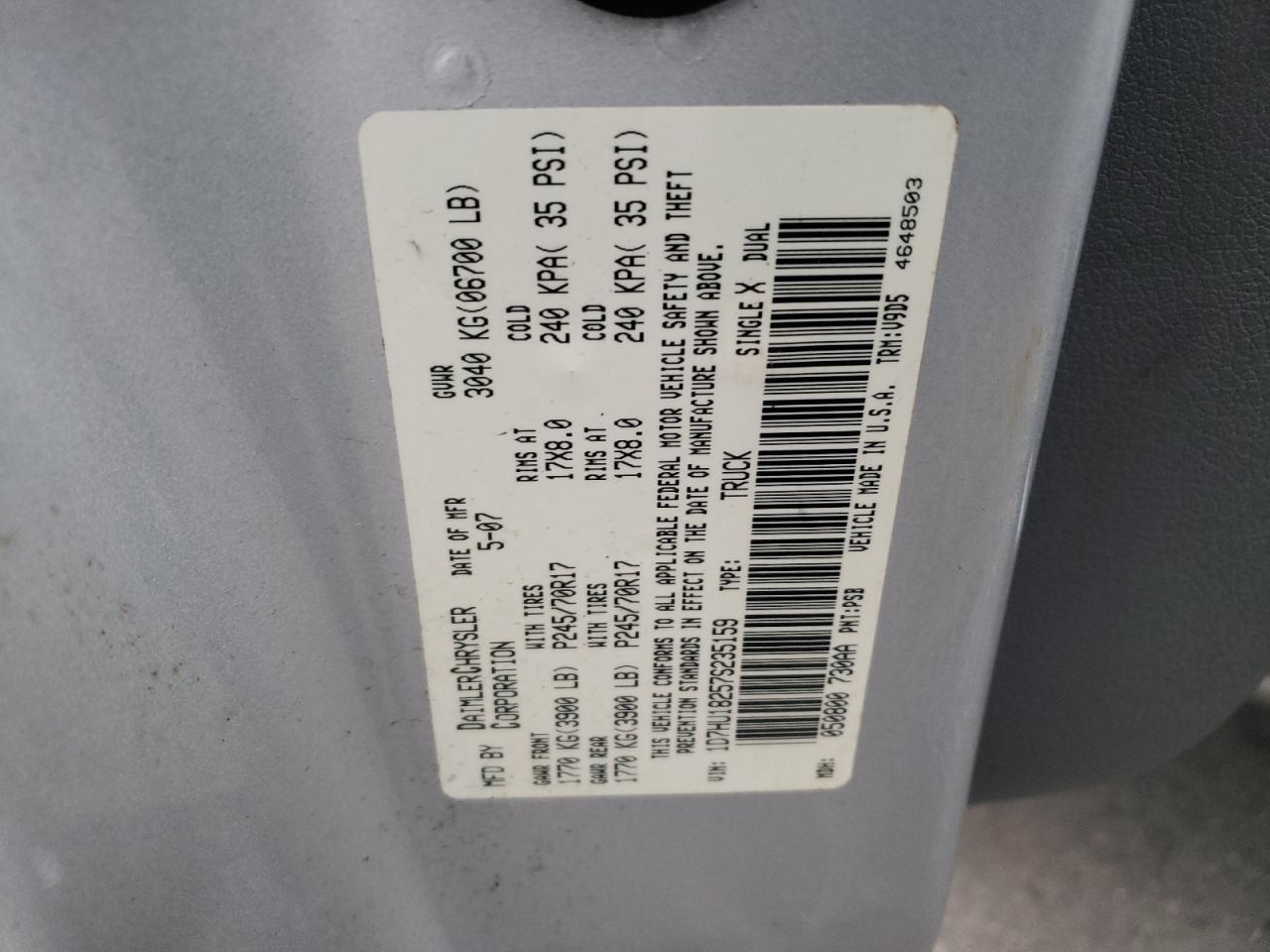 Photo 10 from auction – 2007 DODGE RAM 1500 S with VIN 1D7HU18257S235159