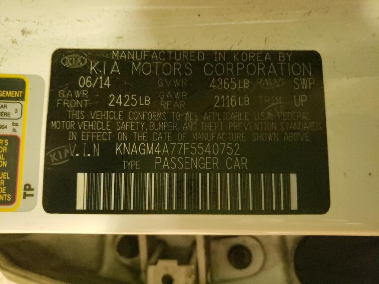 Photo 10 from auction – 2015 KIA OPTIMA LX with VIN KNAGM4A77F5540752