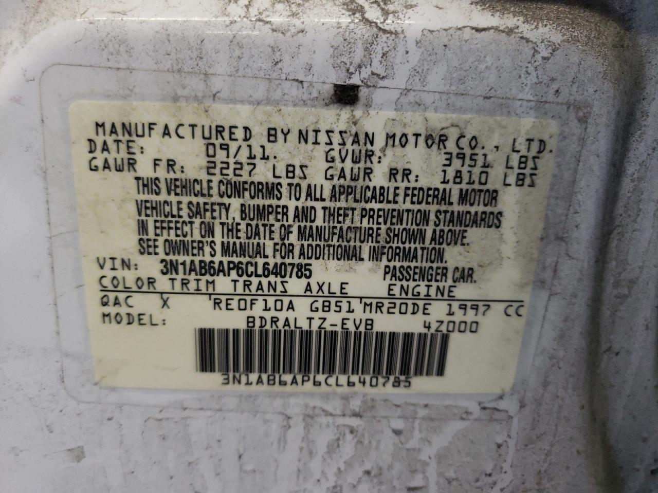 Photo 10 from auction – 2012 NISSAN SENTRA 2.0 with VIN 3N1AB6AP6CL640785