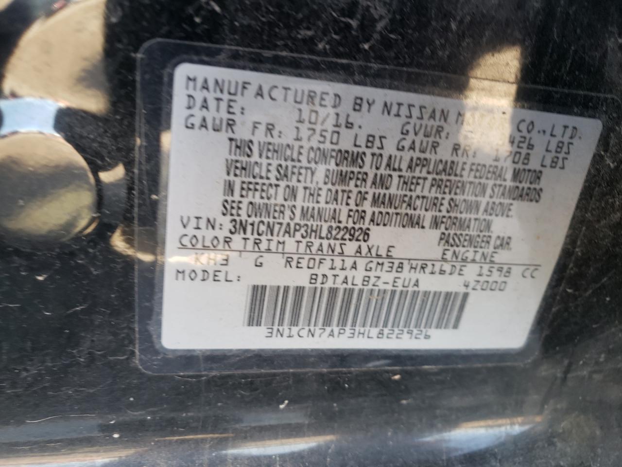 Photo 10 from auction – 2017 NISSAN VERSA S with VIN 3N1CN7AP3HL822926