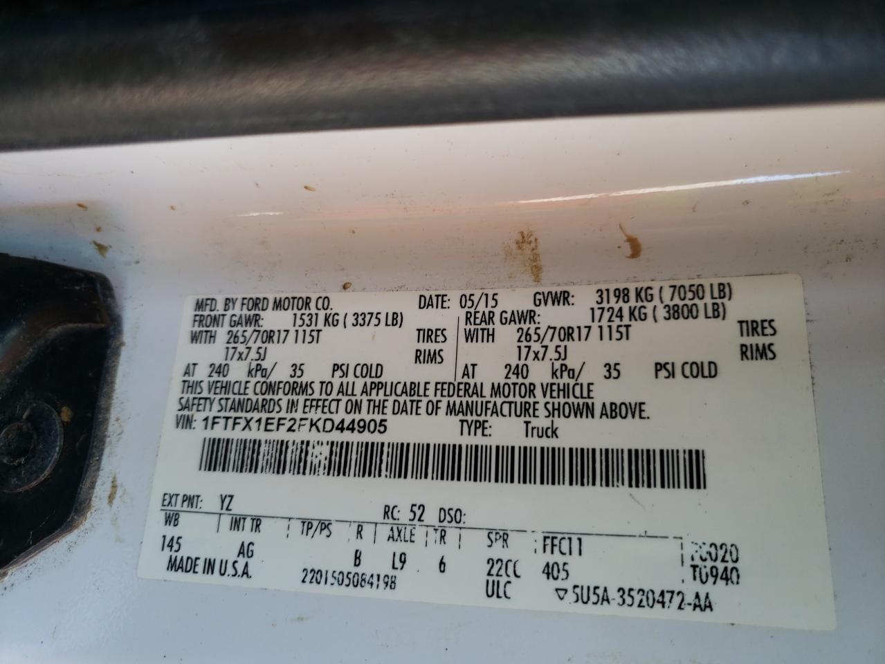 Photo 10 from auction – 2015 FORD F150 SUPER with VIN 1FTFX1EF2FKD44905