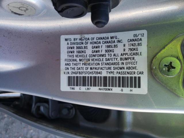 Photo 10 from auction – 2012 HONDA CIVIC LX with VIN 2HGFB2F57CH570940