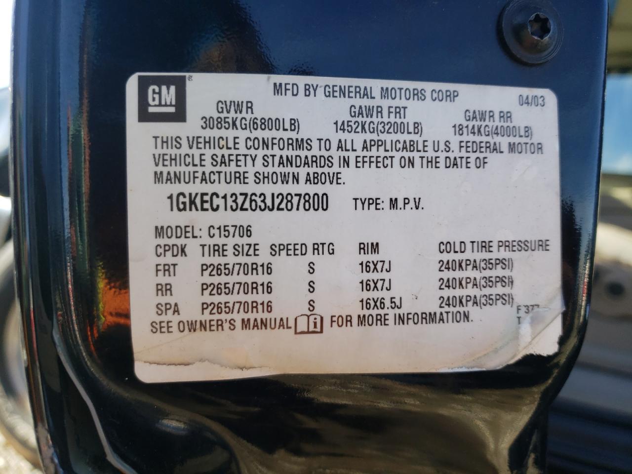 Photo 10 from auction – 2003 GMC YUKON with VIN 1GKEC13Z63J287800