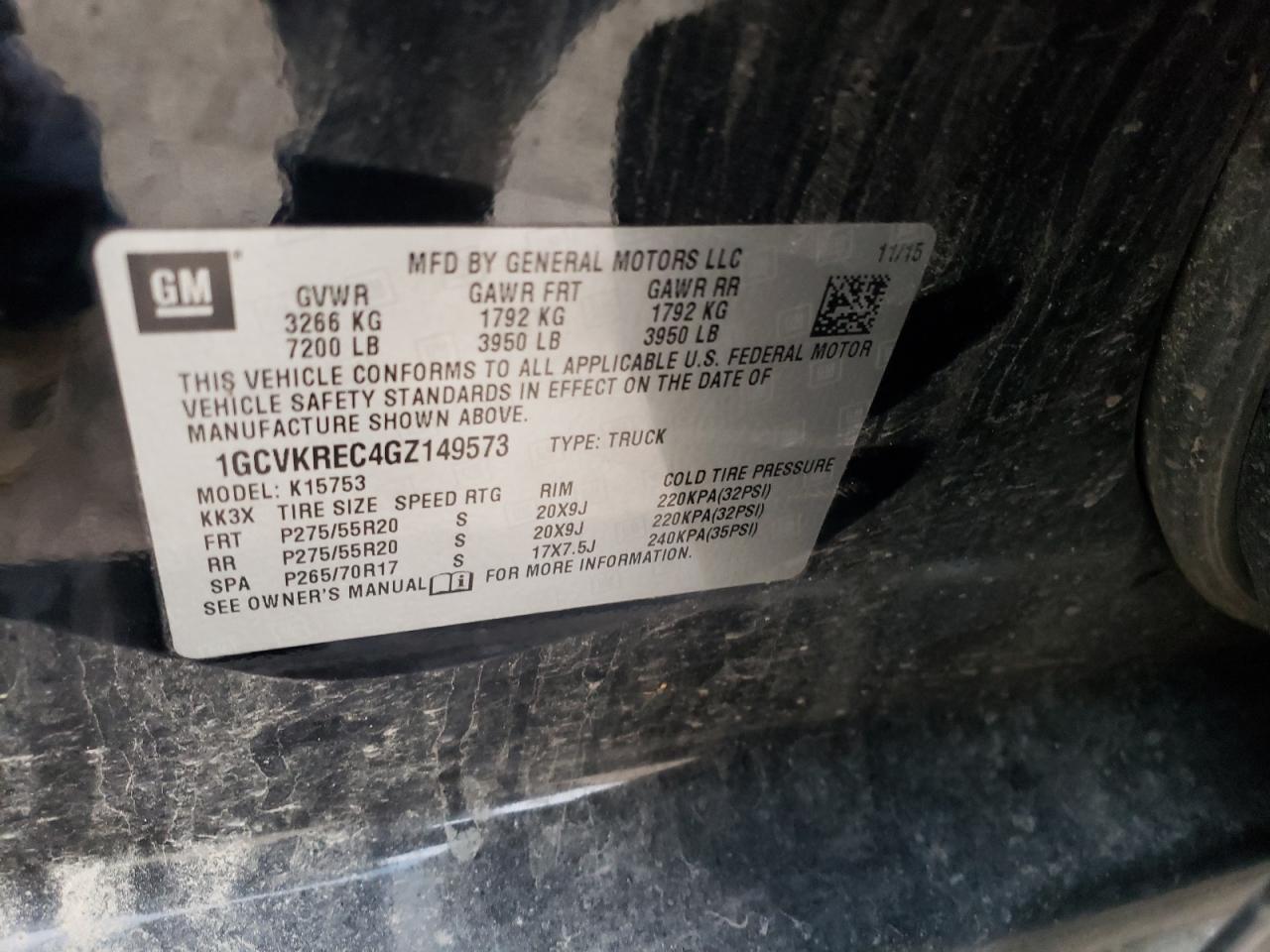 Photo 10 from auction – 2016 CHEVROLET SILVERADO with VIN 1GCVKREC4GZ149573