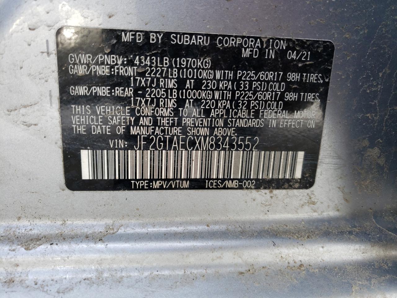 Photo 10 from auction – 2021 SUBARU CROSSTREK with VIN JF2GTAECXM8343552
