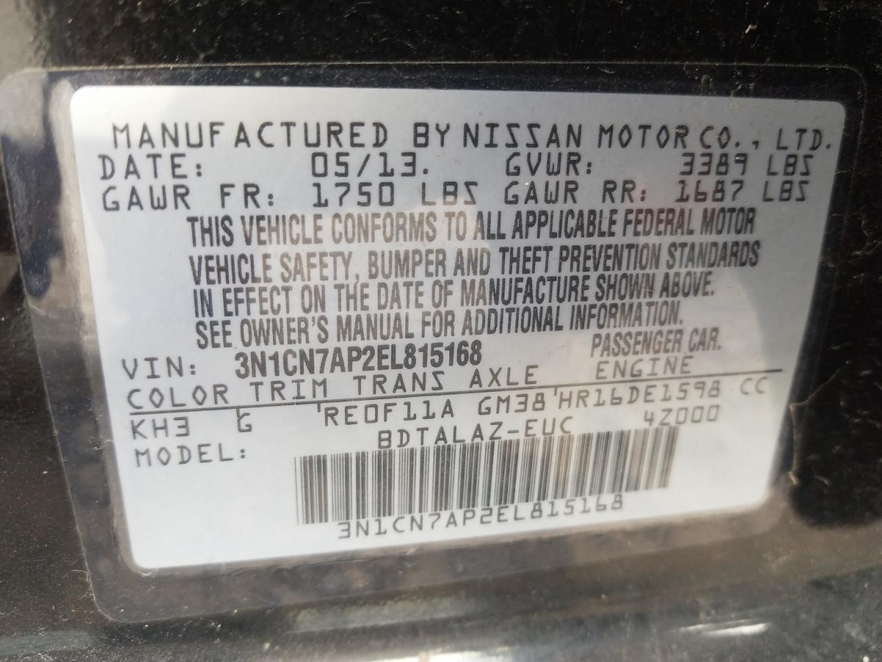 Photo 10 from auction – 2014 NISSAN VERSA with VIN 3N1CN7AP2EL815168