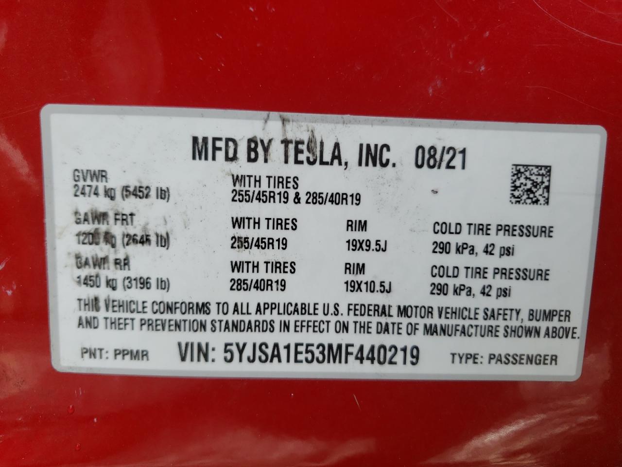 Photo 10 from auction – 2021 TESLA MODEL S with VIN 5YJSA1E53MF440219