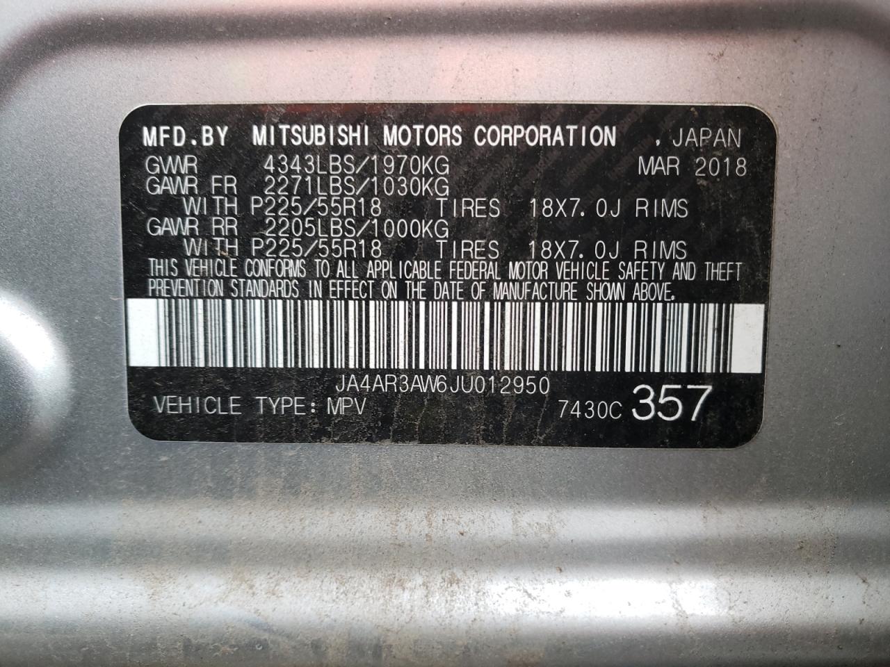 Photo 10 from auction – 2018 MITSUBISHI OUTLANDER with VIN JA4AR3AW6JU012950