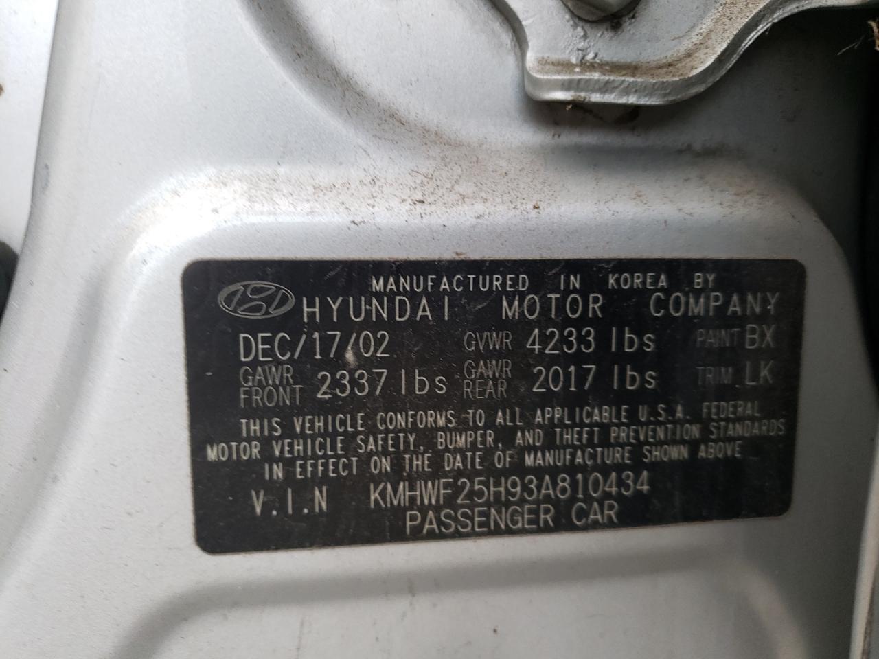 Photo 10 from auction – 2003 HYUNDAI SONATA GL with VIN KMHWF25H93A810434
