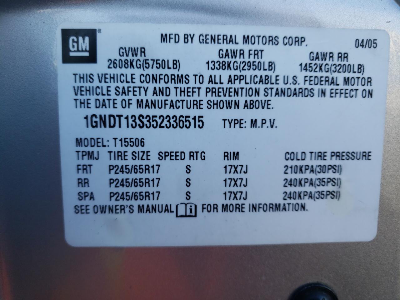 Photo 10 from auction – 2005 CHEVROLET TRAILBLAZE with VIN 1GNDT13S352336515