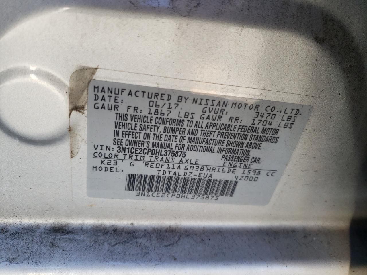 Photo 10 from auction – 2017 NISSAN VERSA NOTE with VIN 3N1CE2CP0HL375875