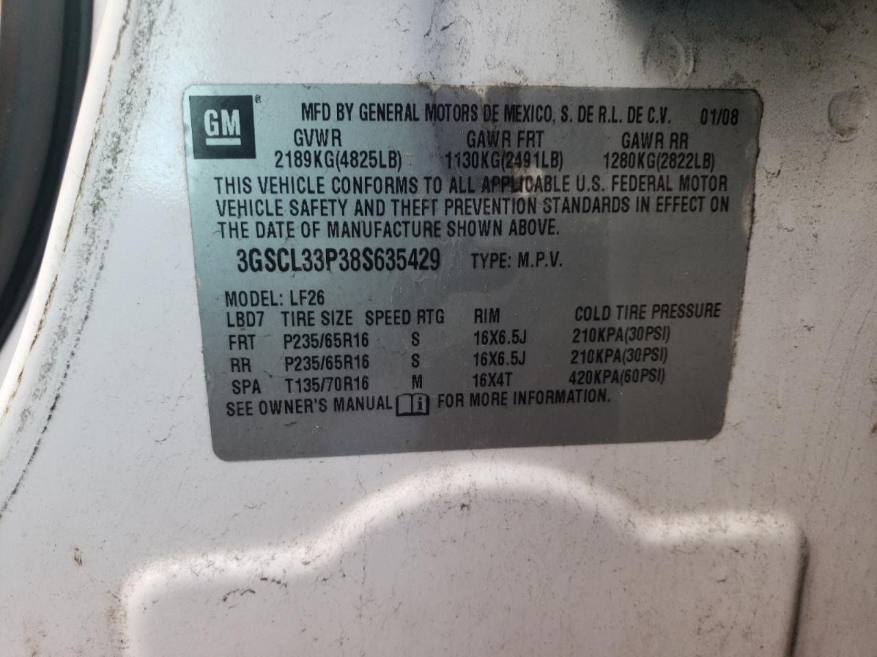 Photo 10 from auction – 2008 SATURN VUE XE with VIN 3GSCL33P38S635429