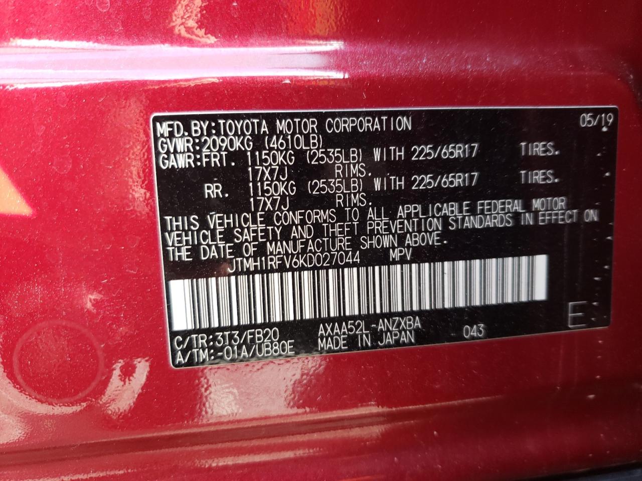 Photo 10 from auction – 2019 TOYOTA RAV4 LE with VIN JTMH1RFV6KD027044