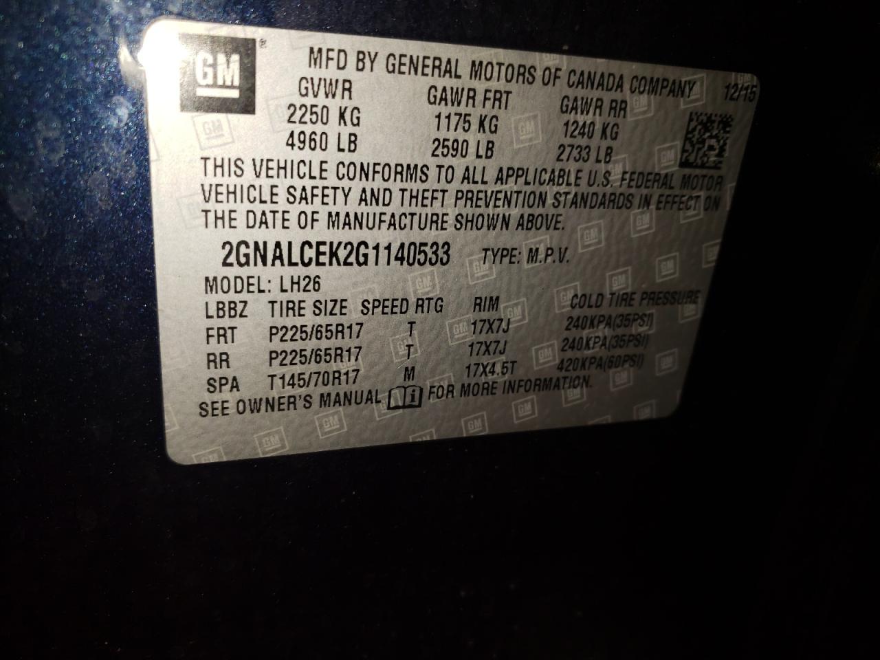 Photo 10 from auction – 2016 CHEVROLET EQUINOX LT with VIN 2GNALCEK2G1140533