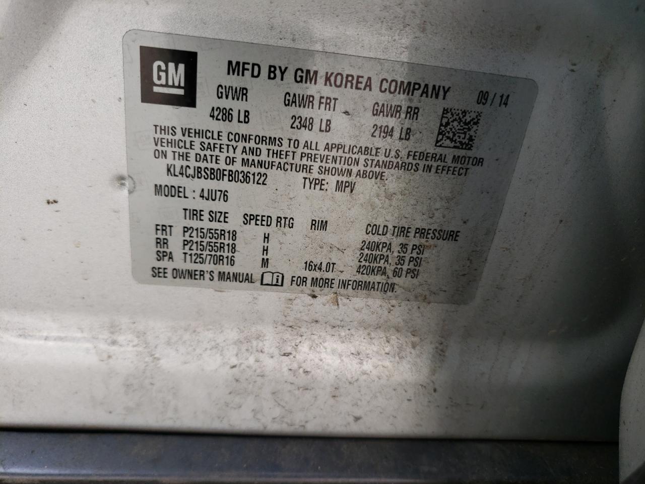 Photo 10 from auction – 2015 BUICK ENCORE CON with VIN KL4CJBSB0FB036122