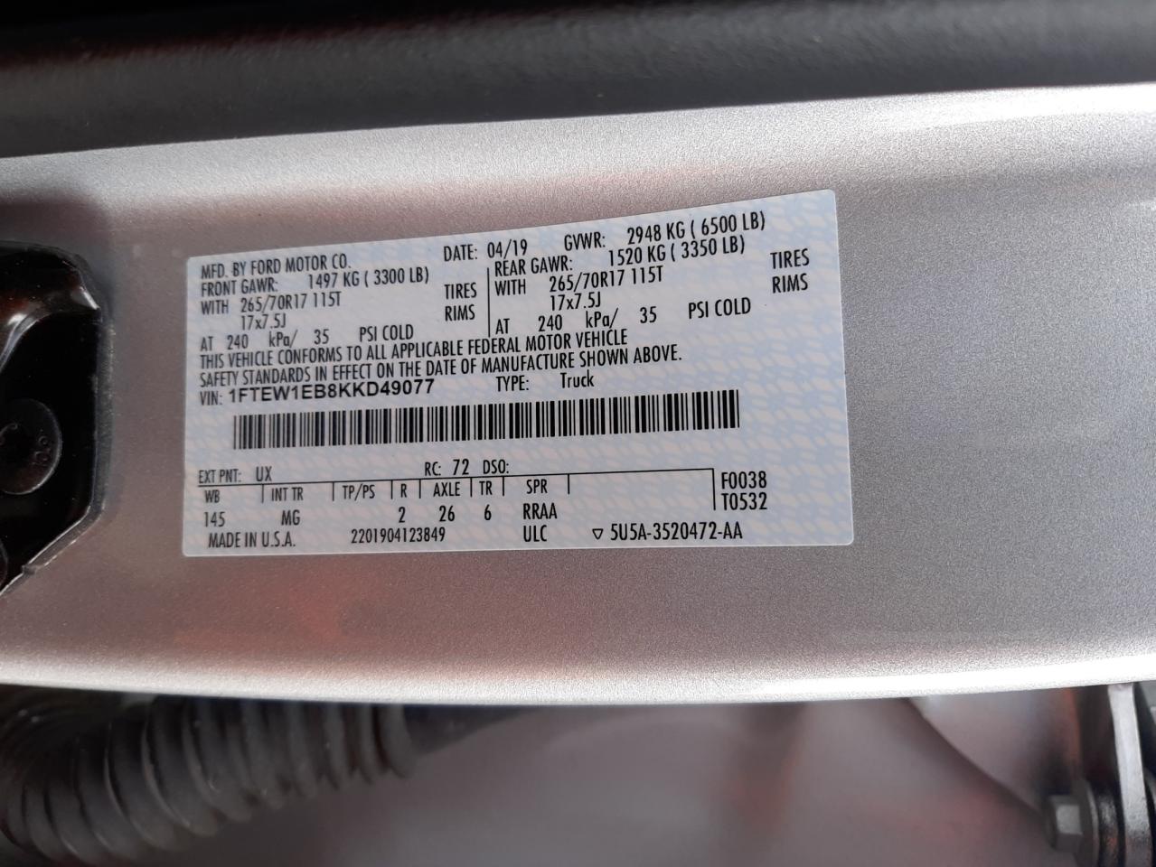 Photo 10 from auction – 2019 FORD F150 SUPER with VIN 1FTEW1EB8KKD49077