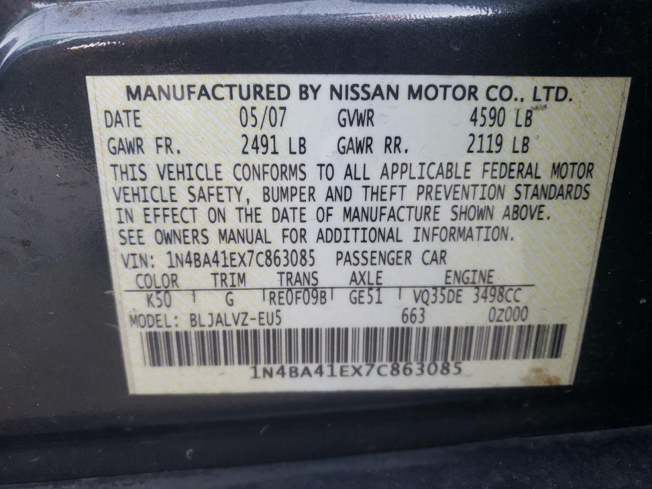 Photo 10 from auction – 2007 NISSAN MAXIMA SE with VIN 1N4BA41EX7C863085