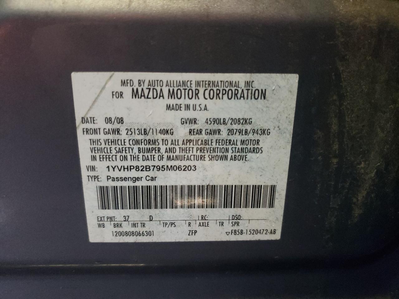 Photo 10 from auction – 2009 MAZDA 6 S with VIN 1YVHP82B795M06203