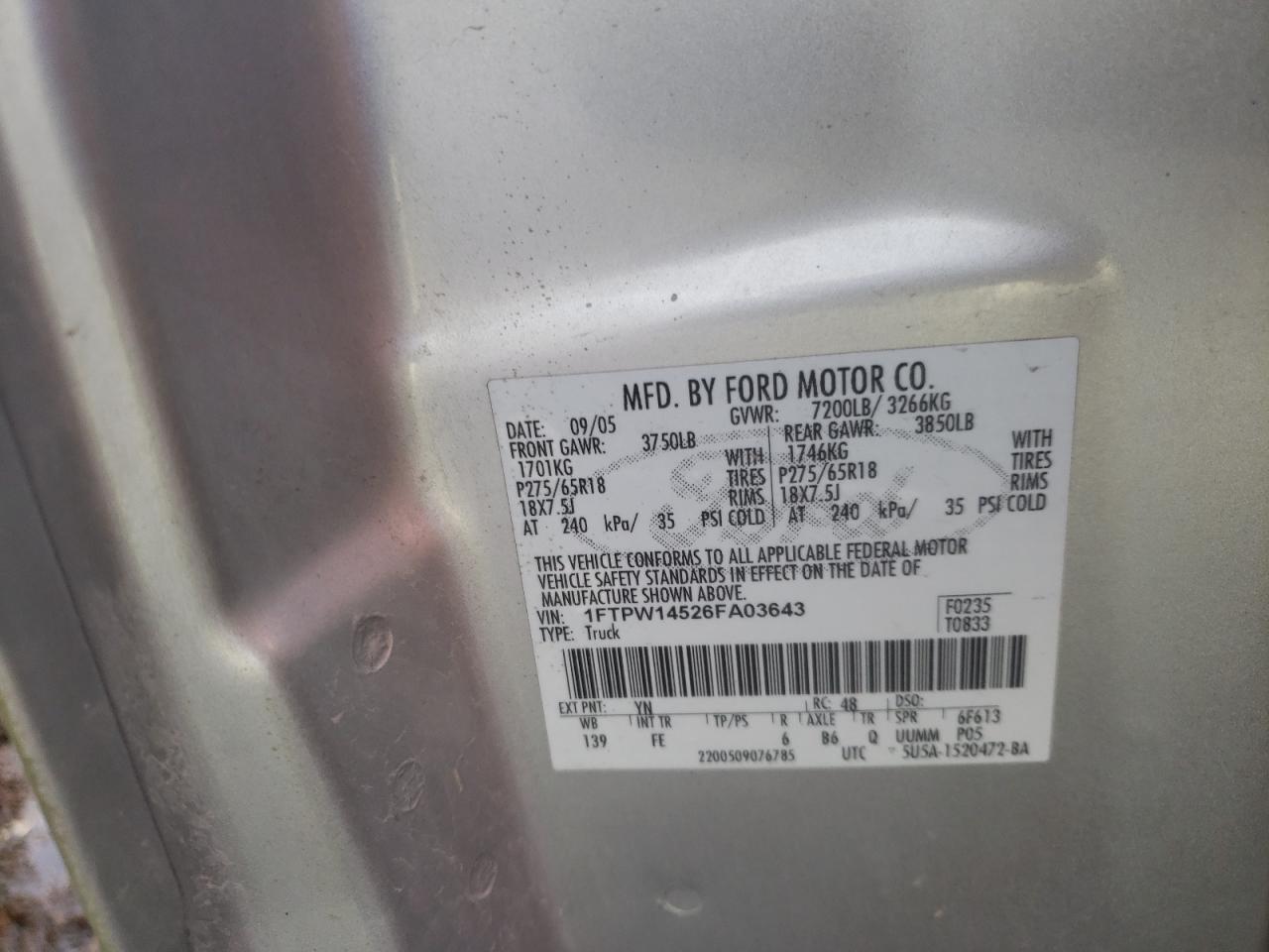 Photo 10 from auction – 2006 FORD F150 SUPER with VIN 1FTPW14526FA03643