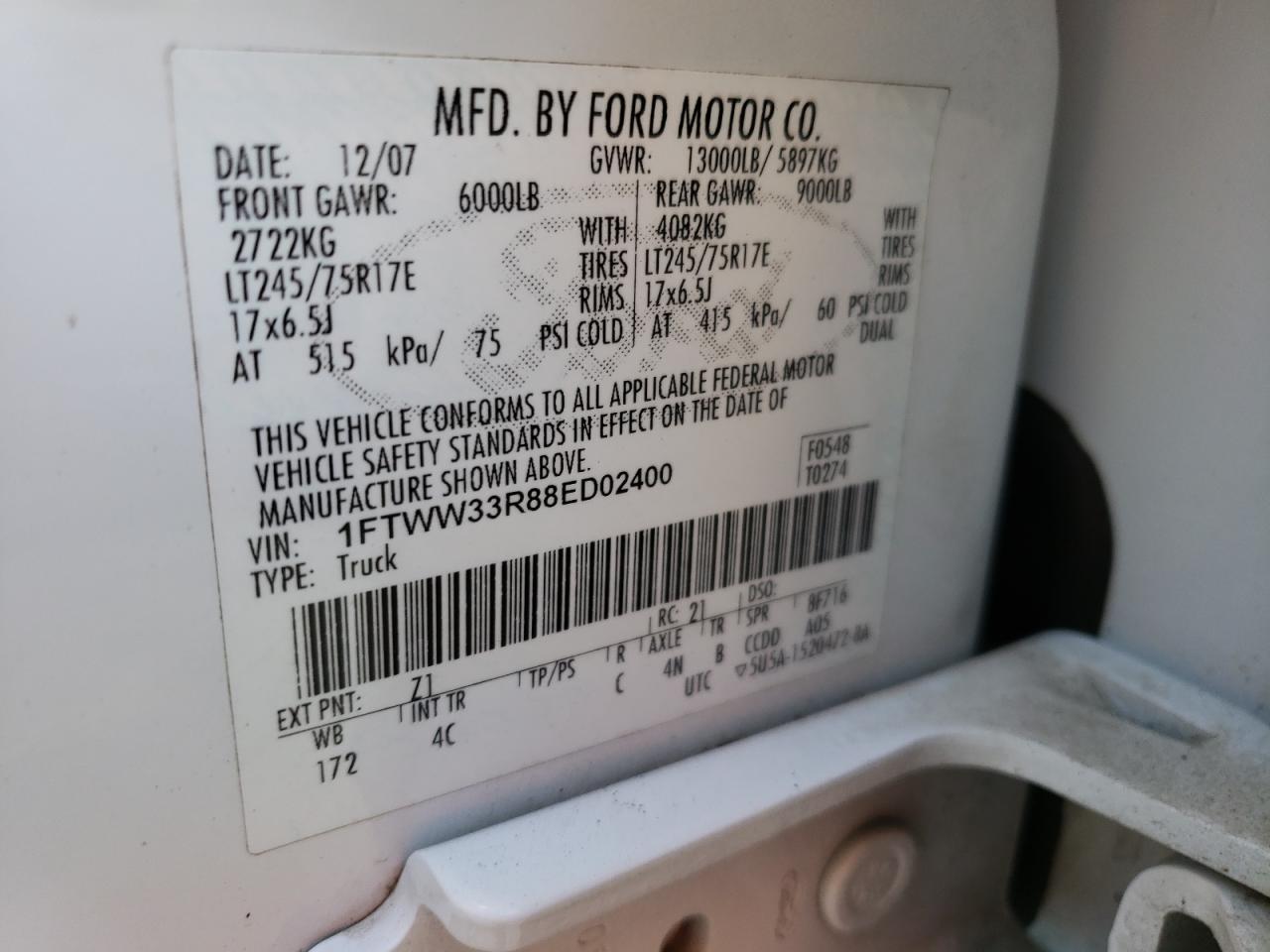 Photo 10 from auction – 2008 FORD F350 SUPER with VIN 1FTWW33R88ED02400