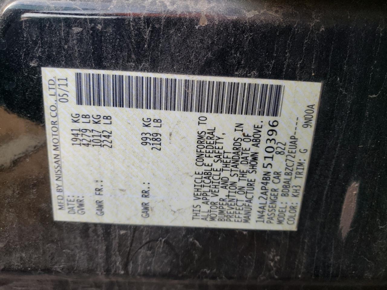 Photo 10 from auction – 2011 NISSAN ALTIMA BAS with VIN 1N4AL2AP4BN510396