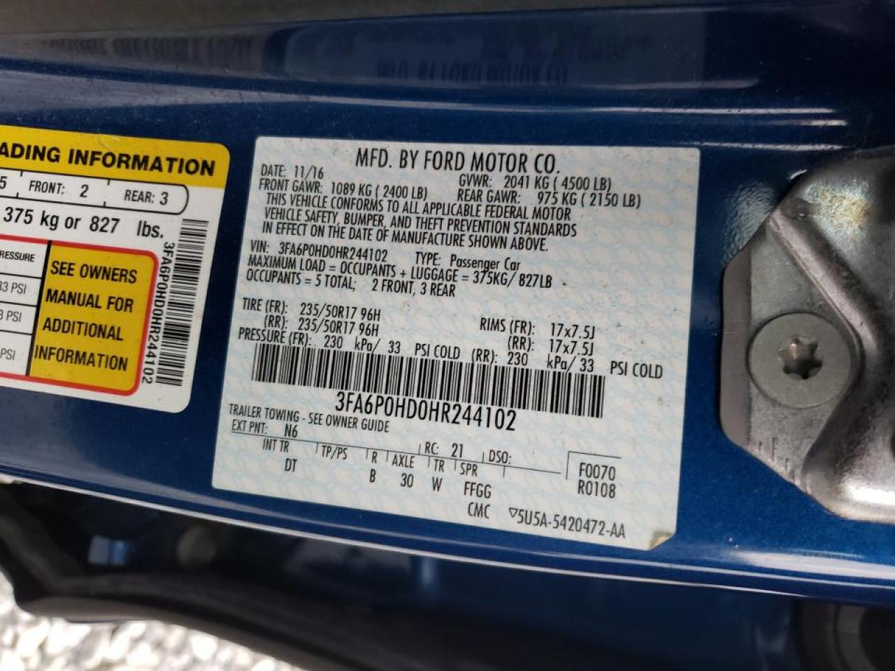 Photo 10 from auction – 2017 FORD FUSION SE with VIN 3FA6P0HD0HR244102