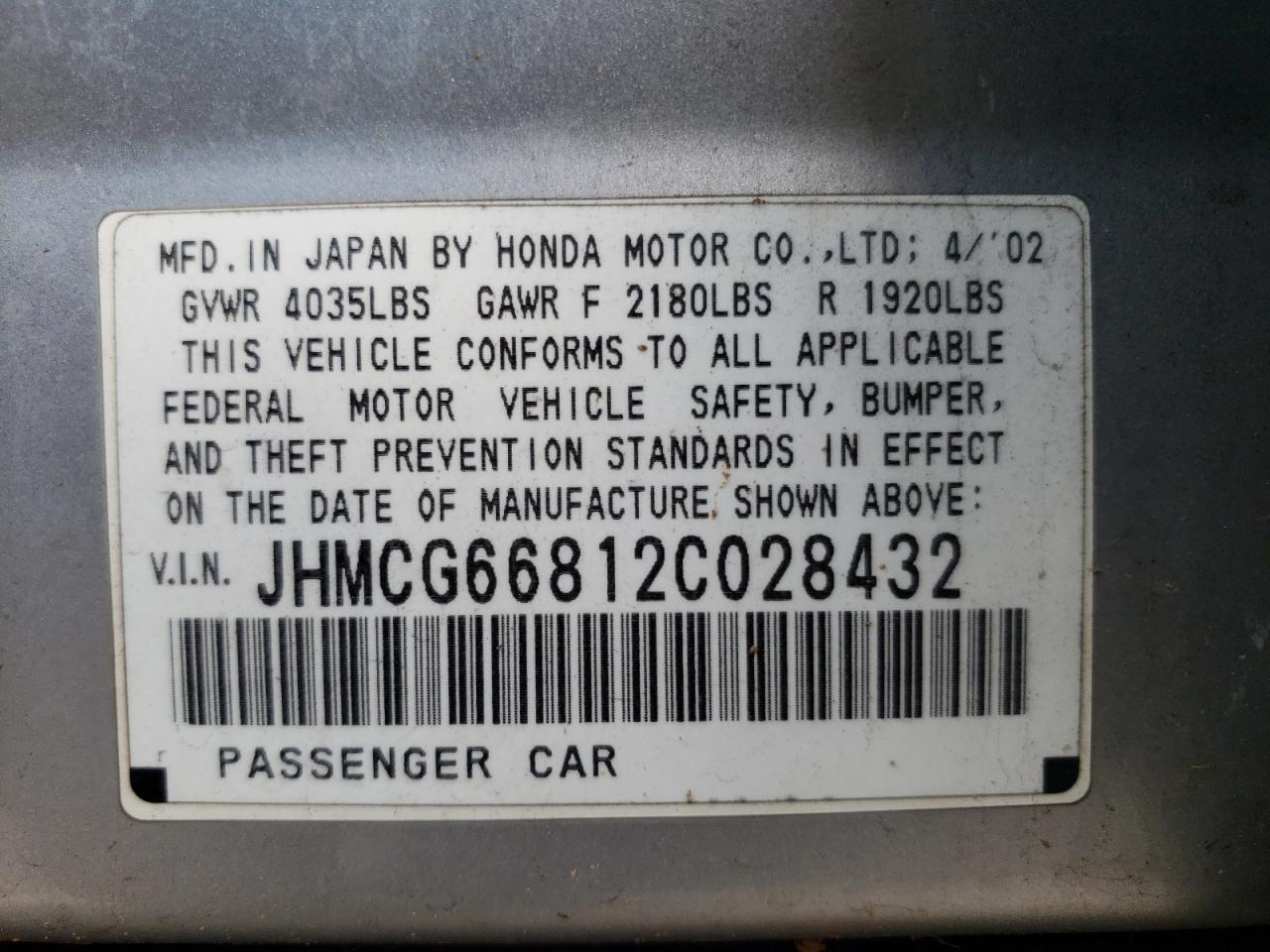 Photo 10 from auction – 2002 HONDA ACCORD EX with VIN JHMCG66812C028432